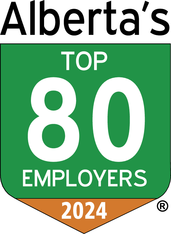 An icon of a green badge. It says "Alberta's top 80 employers 2024" 