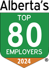 An icon of a green badge. It says "Alberta's top 80 employers 2024"