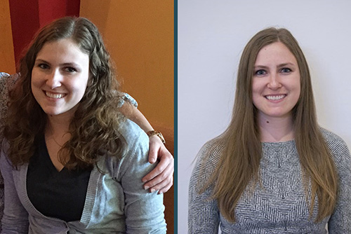 Two photos of the same woman. On the left is a photo of her when she is younger. She is wearing a grey cardigan and smiling at the camera. Someone has their arm wrapped around her shoulder. In the photo on the right she is older. She is wearing a grey long-sleeved shirt. She is smiling.