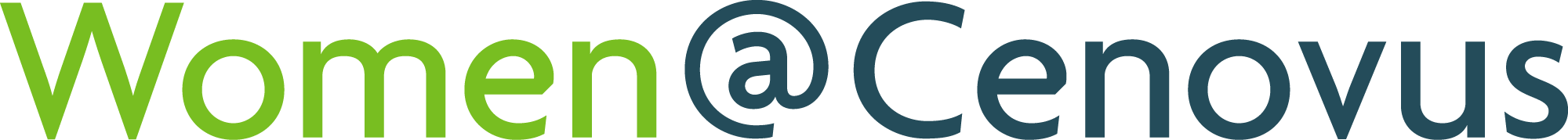 A wordmark that says "Women @ Cenovus" Women is in an apple green, and "@ Cenovus" is a dark slate blue. 